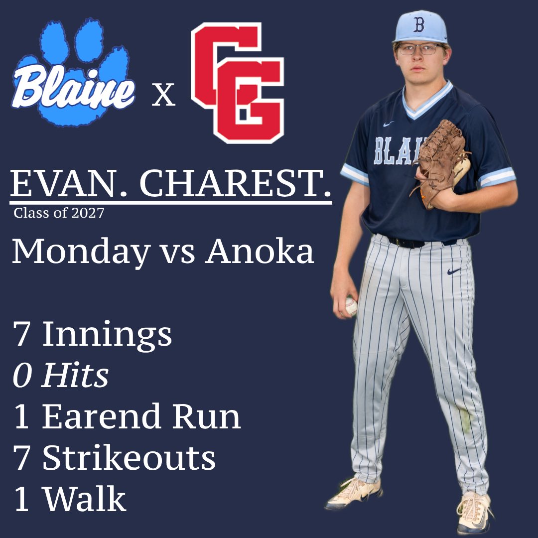 Complete Game MN (@completegamemn) on Twitter photo EVAN. CHAREST.
2027 RHP <a href="/Chare33/">Evan Charest</a> tossed a No-Hitter for <a href="/BlaineBaseball/">Blaine Baseball</a> yesterday as he lead them to a 9-1 victory over Anoka! EVAN. CHAREST.
2027 RHP <a href="/Chare33/">Evan Charest</a> tossed a No-Hitter for <a href="/BlaineBaseball/">Blaine Baseball</a> yesterday as he lead them to a 9-1 victory over Anoka!