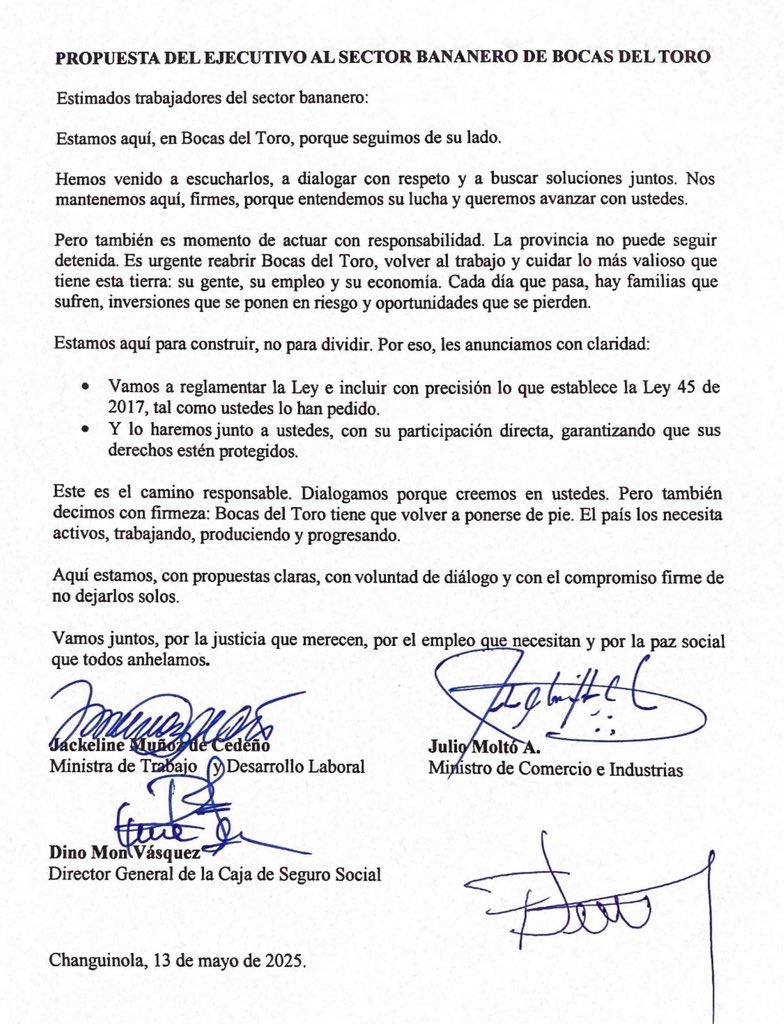 as_salazar's tweet image. PROPUESTA DEL EJECUTIVO AL SECTOR BANANERO DE BOCAS DEL TORO
Estimados trabajadores del sector bananero:
Estamos aquí, en Bocas del Toro, porque seguimos de su lado.
Hemos venido a escucharlos, a dialogar con respeto y a buscar soluciones juntos. Nos
mantenemos aquí, firmes,…