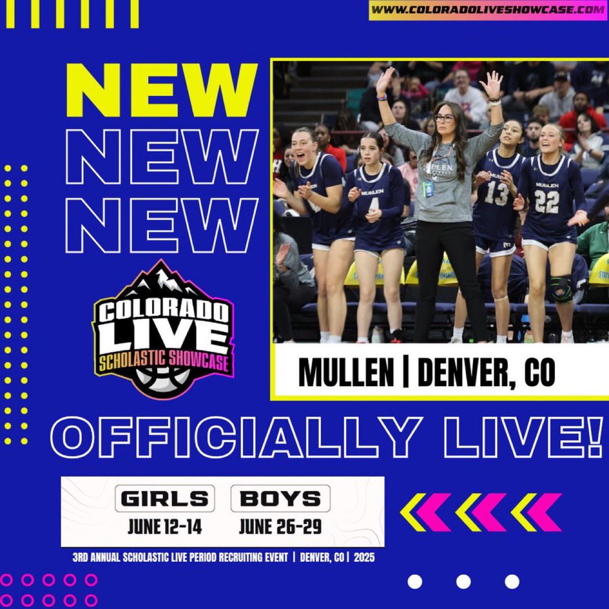 COLORADO LIVE Scholastic Showcase (@coloradolive_ss) on Twitter photo 🚨OFFICIALLY LIVE‼️🏀🏔️
Mullen HS | <a href="/MullenGBB/">Mullen HS Girls’ Basketball</a> 🔥🔥
We are excited to have you competing on Rocky Mountains Big Stage!!
Where future⭐️’s make their name..
📍 Denver, CO
📆 June 12-14th
⏳ Open Registration until Friday May 23
💻 ColoradoLiveShowcase.com ⬅️✅
Don’t miss it‼️ 🚨OFFICIALLY LIVE‼️🏀🏔️
Mullen HS | <a href="/MullenGBB/">Mullen HS Girls’ Basketball</a> 🔥🔥
We are excited to have you competing on Rocky Mountains Big Stage!!
Where future⭐️’s make their name..
📍 Denver, CO
📆 June 12-14th
⏳ Open Registration until Friday May 23
💻 ColoradoLiveShowcase.com ⬅️✅
Don’t miss it‼️