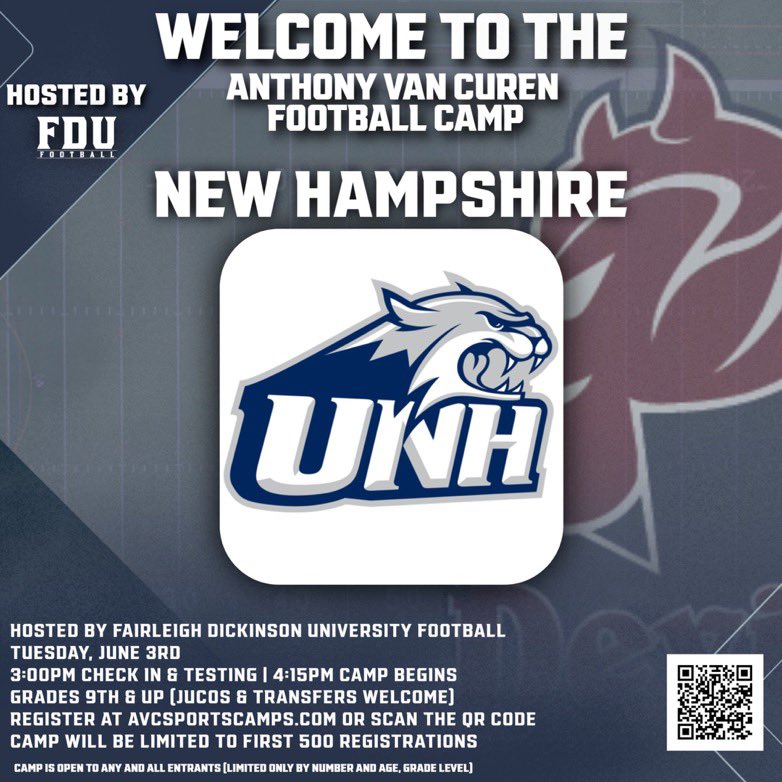 Anthony Van Curen (@coachavc_fdu) on Twitter photo Welcome back <a href="/UNH_Football/">New Hampshire Football</a> and their staff to camp!
🏈 AVC Football Camp
🗓 Tuesday, June 3rd
3️⃣ weeks from today 70+ schools will be at camp evaluating and recruiting- register today ⬇️
🔗avcsportscamps.com
Grades: 9th-Post Grad (JUCO & Transfers)
🔱🔥🤘 <a href="/FDUFootball/">FDU Football</a> Welcome back <a href="/UNH_Football/">New Hampshire Football</a> and their staff to camp!
🏈 AVC Football Camp
🗓 Tuesday, June 3rd
3️⃣ weeks from today 70+ schools will be at camp evaluating and recruiting- register today ⬇️
🔗avcsportscamps.com
Grades: 9th-Post Grad (JUCO & Transfers)
🔱🔥🤘 <a href="/FDUFootball/">FDU Football</a>