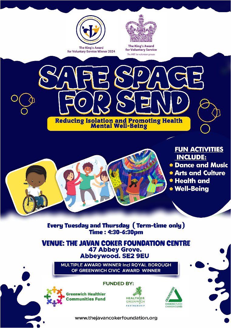The Javan Coker Foundation (@thejavancokerf1) on Twitter photo We’re excited to share that Safe Space for SEND launched last week—creating fun, inclusive, and supportive sessions for children with SEND and their siblings!
Huge thanks to our funders:<a href="/HealthierGwich/">Healthier Greenwich Partnership</a> <a href="/GroundworkLON/">Groundwork London</a> & Greenwichhealthierconmunitiesfund
Your support is changing We’re excited to share that Safe Space for SEND launched last week—creating fun, inclusive, and supportive sessions for children with SEND and their siblings!
Huge thanks to our funders:<a href="/HealthierGwich/">Healthier Greenwich Partnership</a> <a href="/GroundworkLON/">Groundwork London</a> & Greenwichhealthierconmunitiesfund
Your support is changing