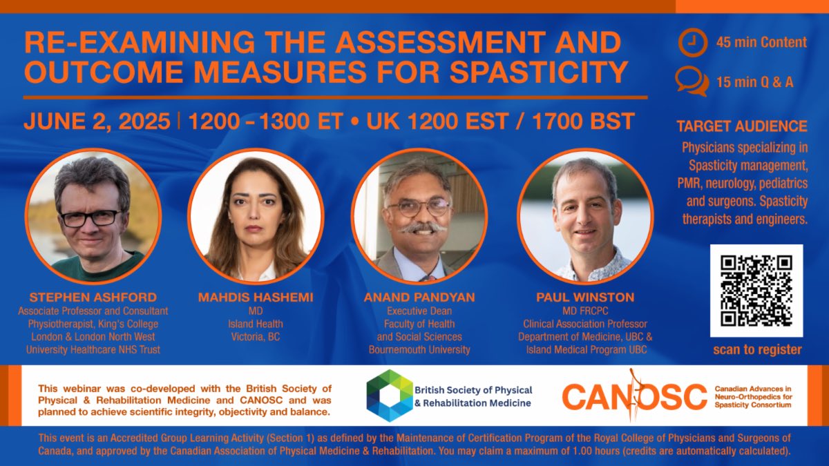 CANOSC (@canoscmeded) on Twitter photo Please join this deconstruction of spasticity outcomes with <a href="/AnandDPandyan/">Prof Anand Pandyan</a> <a href="/StephenAshford3/">Stephen Ashford</a> <a href="/drpaulwinston/">Paul Winston MD - Restoring Movement is the goal.</a> and Dr Mahdis Hashemi. Colourful cases, debates and new frontiers
us02web.zoom.us/webinar/regist… Please join this deconstruction of spasticity outcomes with <a href="/AnandDPandyan/">Prof Anand Pandyan</a> <a href="/StephenAshford3/">Stephen Ashford</a> <a href="/drpaulwinston/">Paul Winston MD - Restoring Movement is the goal.</a> and Dr Mahdis Hashemi. Colourful cases, debates and new frontiers
us02web.zoom.us/webinar/regist…