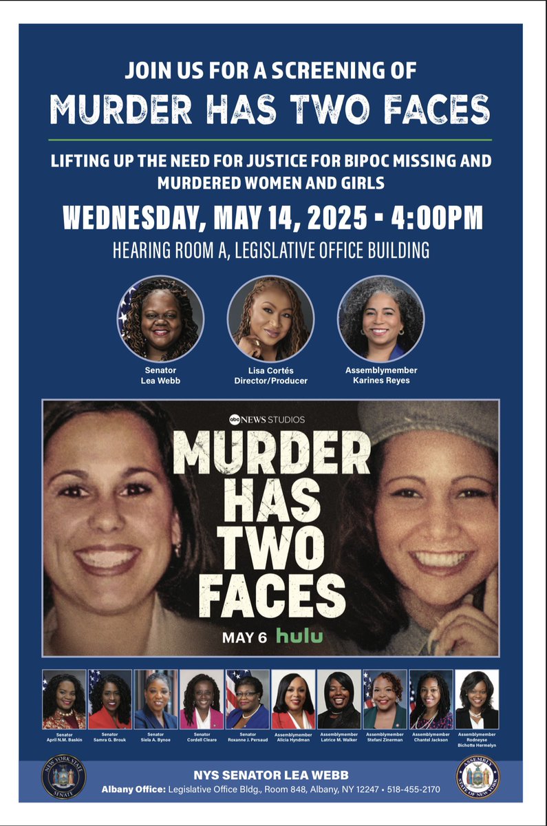 Lea Webb (@senatorleawebb) on Twitter photo Join <a href="/KarinesReyes87/">Assembly Member Karines Reyes, R.N.</a> and myself tomorrow in Albany for a powerful screening of Murder Has Two Faces—a gripping docuseries by <a href="/misscortes/">Lisa Cortés</a> spotlighting the crisis of missing & murdered BIPOC women & girls. Join <a href="/KarinesReyes87/">Assembly Member Karines Reyes, R.N.</a> and myself tomorrow in Albany for a powerful screening of Murder Has Two Faces—a gripping docuseries by <a href="/misscortes/">Lisa Cortés</a> spotlighting the crisis of missing & murdered BIPOC women & girls.