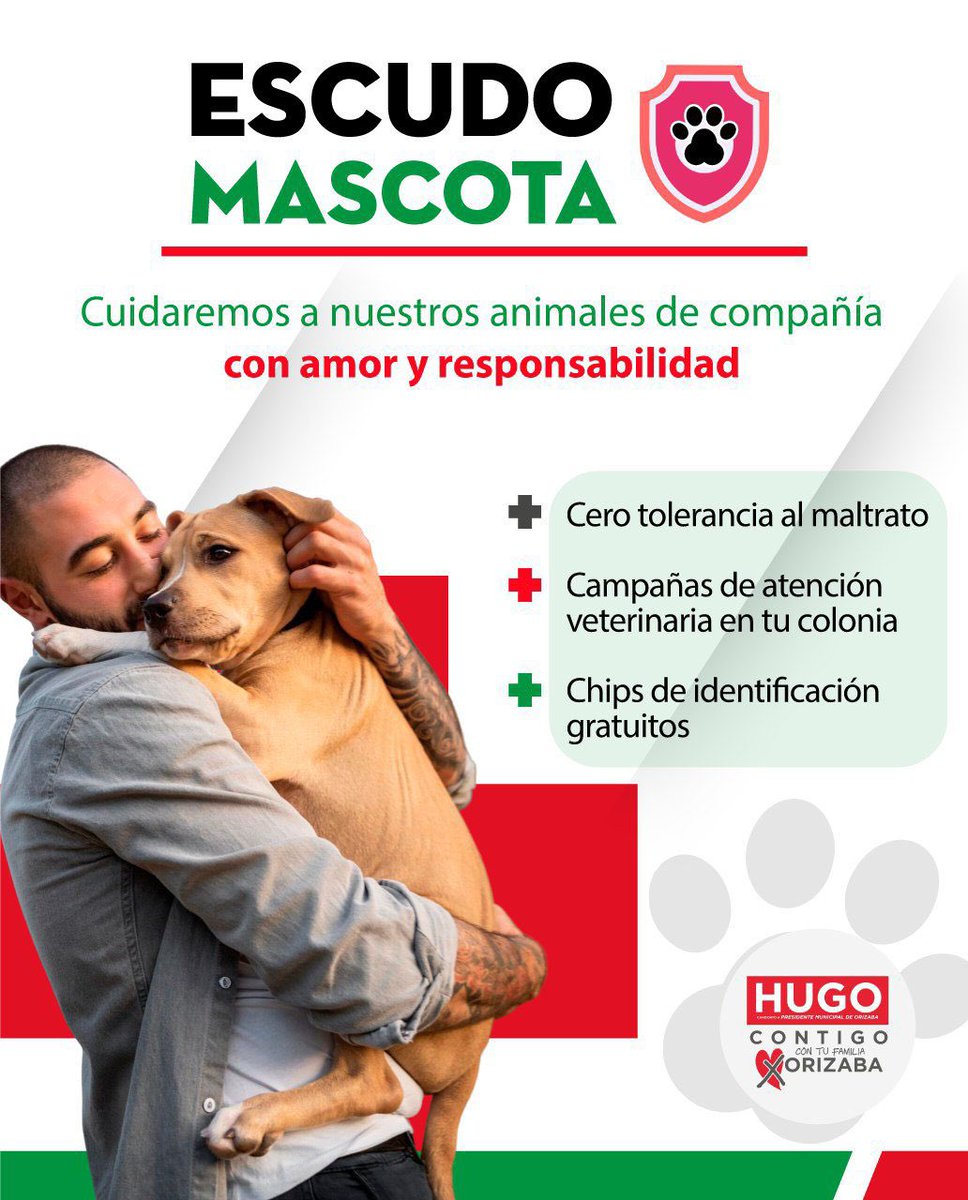 Conoce mi propuesta “Escudo Mascota”, con la cual cuidaremos a nuestros animales de compañía con amor y responsabilidad. 

#HugoCONTIGO #Hugocontufamilia #HugoxOrizaba