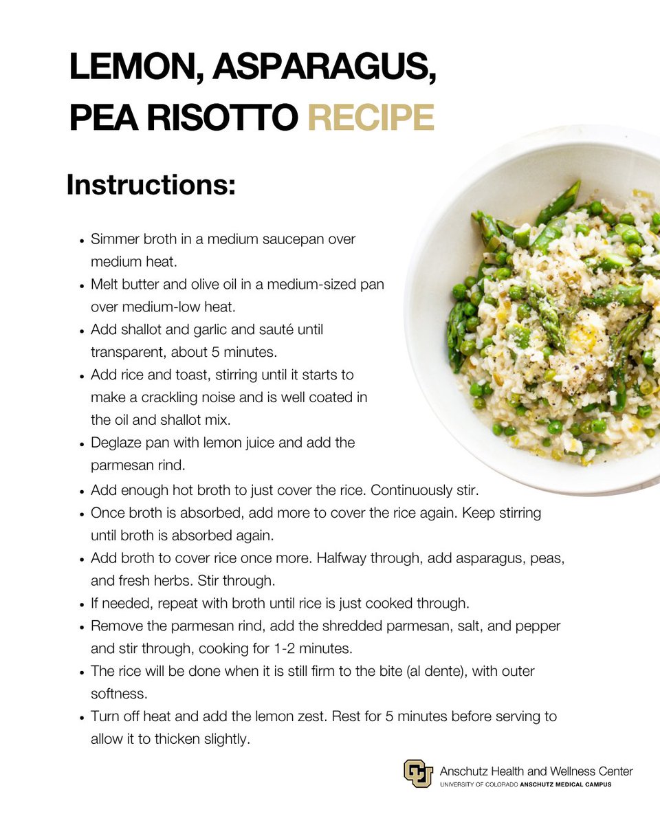 This Lemon, Asparagus, and Pea Risotto highlights the best of seasonal ingredients. Access the full nutritional breakdown and learn more about the benefits of asparagus via the link below! ⬇️ 
news.cuanschutz.edu/health-and-wel…
