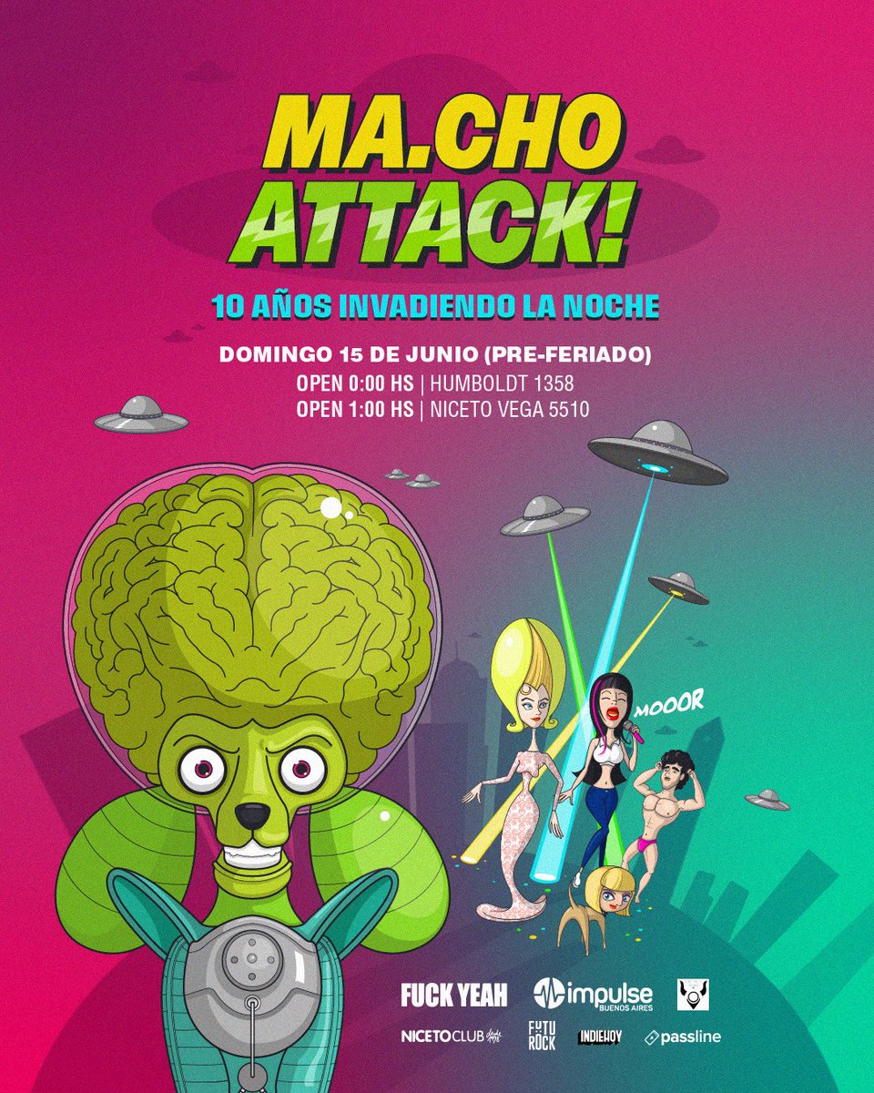 El  domingo 15 de junio (pre-feriado)
cae un meteorito de lujuria sobre Niceto Club.
Los aliens ya aterrizaron, y no vienen en son de paz:
vienen en tanga y con brillo

La entrada es tu pasaporte a otro planeta.
Porque mientras ellos arman guerras,
nosotres armamos fiestas.