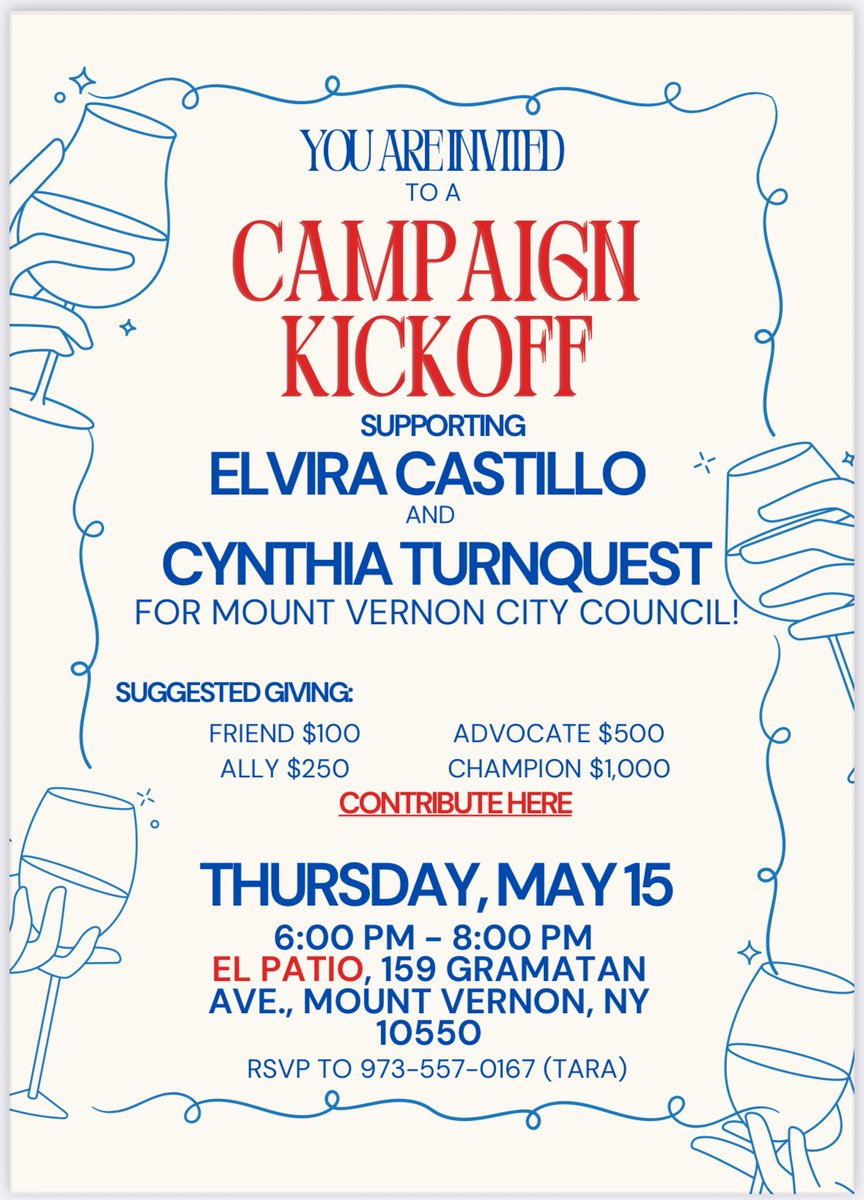 “Campaign Kickoff” Cynthia Turnquest &amp; Elvira Castillo. Thursday, May 15, 2025 El Patio 159 Gramatan Avenue., Mt. Vernon, NY from 6:00pn to 8:00pm.