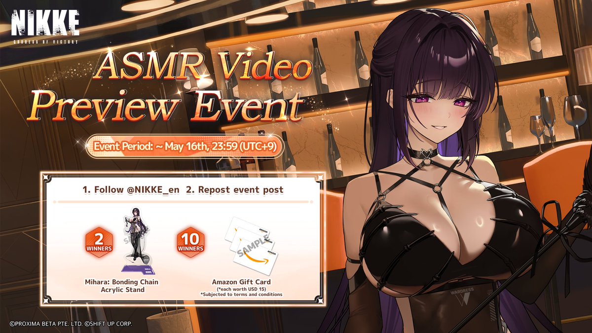 GODDESS OF VICTORY: NIKKE (@nikke_en) on Twitter photo 【ASMR Video Preview Event】
🎞️ The new ASMR video for Mihara: Bonding Chain will be released on May 17 at 22:00 (UTC+9).
To celebrate the release, we're holding a special giveaway. 🍭 Join to win exclusive merchandise! 🎁
How to Join
1. Follow <a href="/NIKKE_en/">GODDESS OF VICTORY: NIKKE - 2.5th Anni in Progress</a>
2. Repost This Post 【ASMR Video Preview Event】
🎞️ The new ASMR video for Mihara: Bonding Chain will be released on May 17 at 22:00 (UTC+9).
To celebrate the release, we're holding a special giveaway. 🍭 Join to win exclusive merchandise! 🎁
How to Join
1. Follow <a href="/NIKKE_en/">GODDESS OF VICTORY: NIKKE - 2.5th Anni in Progress</a>
2. Repost This Post
