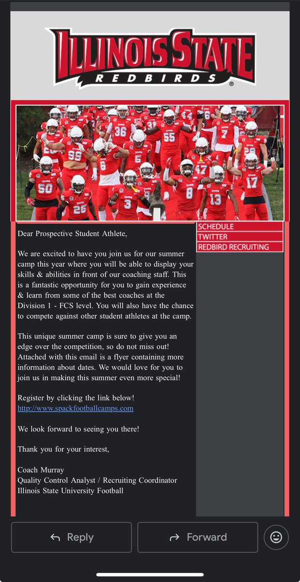 Darius Walker (@darius_wjr) on Twitter photo Thank you <a href="/Coach_NMurray/">Nicholas Murray</a> For Inviting me to the Illinois State Summer Camp!
<a href="/RedbirdFB/">Illinois State Football</a> <a href="/ISURedbirds/">Illinois State Athletics</a> Thank you <a href="/Coach_NMurray/">Nicholas Murray</a> For Inviting me to the Illinois State Summer Camp!
<a href="/RedbirdFB/">Illinois State Football</a> <a href="/ISURedbirds/">Illinois State Athletics</a>