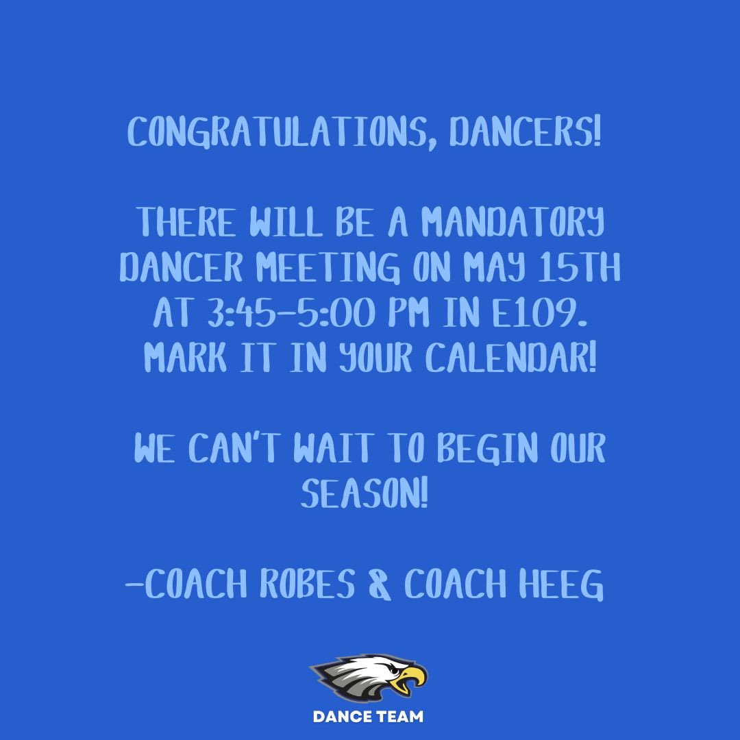 Sandburg Eaglettes (@cshseaglettes) on Twitter photo Congratulations to our 2025 Varsity and Junior Varsity Eaglettes! 💙💛
We are looking forward to another amazing season with an amazing group of athletes. We will see you at the dancer meeting on May 15th at 3:45 PM in E109.
Thank to everyone that tried out!
- The Coaches Congratulations to our 2025 Varsity and Junior Varsity Eaglettes! 💙💛
We are looking forward to another amazing season with an amazing group of athletes. We will see you at the dancer meeting on May 15th at 3:45 PM in E109.
Thank to everyone that tried out!
- The Coaches