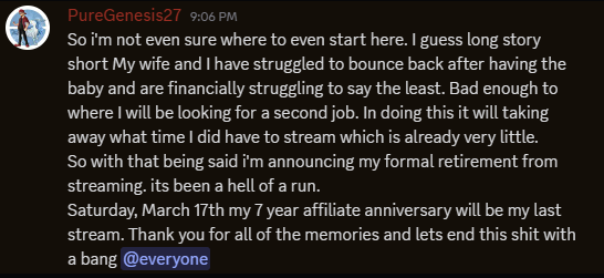 Thank you all for everything over the last 7 years  I don't want to go but my family needs me. 
One last party Saturday.
