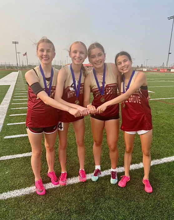 Maple Grove girls 4x400 relay cruises to victory at the District 279 Championship Meet! Congrats to the team of Becca, Fiona, Kara and Mac. Champs together again two years apart! 🍁🔥 🥇 <a href="/MGActivities/">Crimson Activities</a>