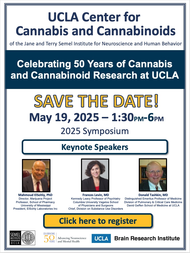 Ziva Cooper (@zivacooper) on Twitter photo Don't miss our annual <a href="/UCLACannabis/">UCLA Center for Cannabis and Cannabinoids</a> Center event with #cannabis research legends Frances Levin (<a href="/ColumbiaPsych/">Columbia Psychiatry</a>), Mahmoud ElSohly, and Don Tashkin (<a href="/UCLAHealth/">UCLA Health</a>).
ā
May 19th, 2025 130 - 530 PT.
ā
RSVP here: us02web.zoom.us/webinar/registā¦
<a href="/UCLA_BRI/">Brain Research Institute</a> <a href="/UCLASemel/">UCLA Semel Institute</a> Don't miss our annual <a href="/UCLACannabis/">UCLA Center for Cannabis and Cannabinoids</a> Center event with #cannabis research legends Frances Levin (<a href="/ColumbiaPsych/">Columbia Psychiatry</a>), Mahmoud ElSohly, and Don Tashkin (<a href="/UCLAHealth/">UCLA Health</a>).
ā
May 19th, 2025 130 - 530 PT.
ā
RSVP here: us02web.zoom.us/webinar/registā¦
<a href="/UCLA_BRI/">Brain Research Institute</a> <a href="/UCLASemel/">UCLA Semel Institute</a>