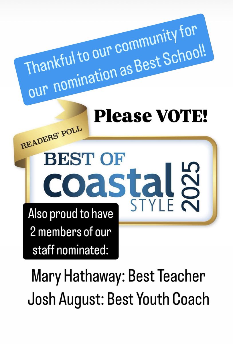 3 CHEERS for our COASTAL STYLE MAGAZINE nominees!🎉
For the 5th year in a row, we’ve been nominated for BEST SCHOOL!💙🖤🤍
Also, we have 2 faculty members nominated .
Mary Hathaway-Best Teacher
Josh August-Best Youth Coach
Cast vote between now &amp; May 31 @ Coastal Style Magazine.