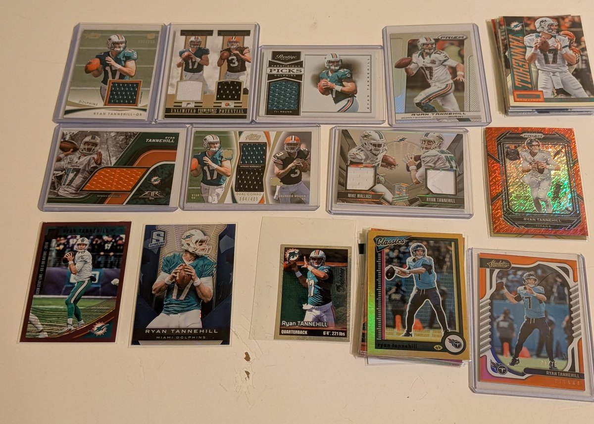 Big mail day today as my latest COMC order arrived. Picked up a few patches this go around including game used Wallace / Tannehill tandem. Also snagged a red shimmer Prizm /35. These 30+ Tannehills bring me past the 1,600 mark with 1,605 unique Tannehills. Goal is 1,700 by 2026.