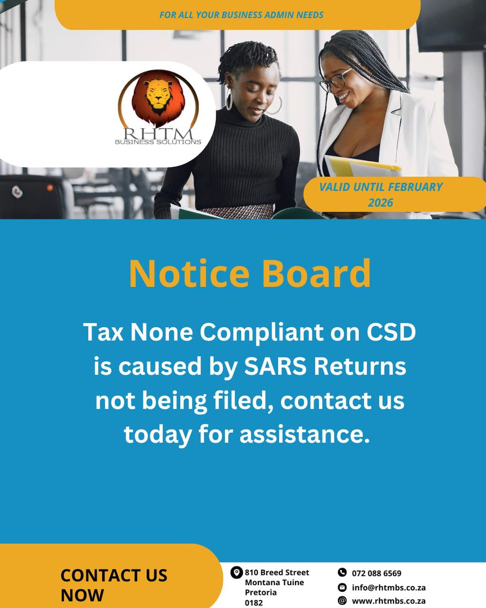 Rhtmbs's tweet image. Tax None Compliant on CSD is caused by SARS Returns not being filed, contact us today for assistance.

📞: 0720886569 or 0659596238(available on WhatsApp)
📧: info@rhtmbs.co.za
🌍: rhtmbs.co.za
📍: 810 Breed Street, Montana Tuine, Pretoria, 0182