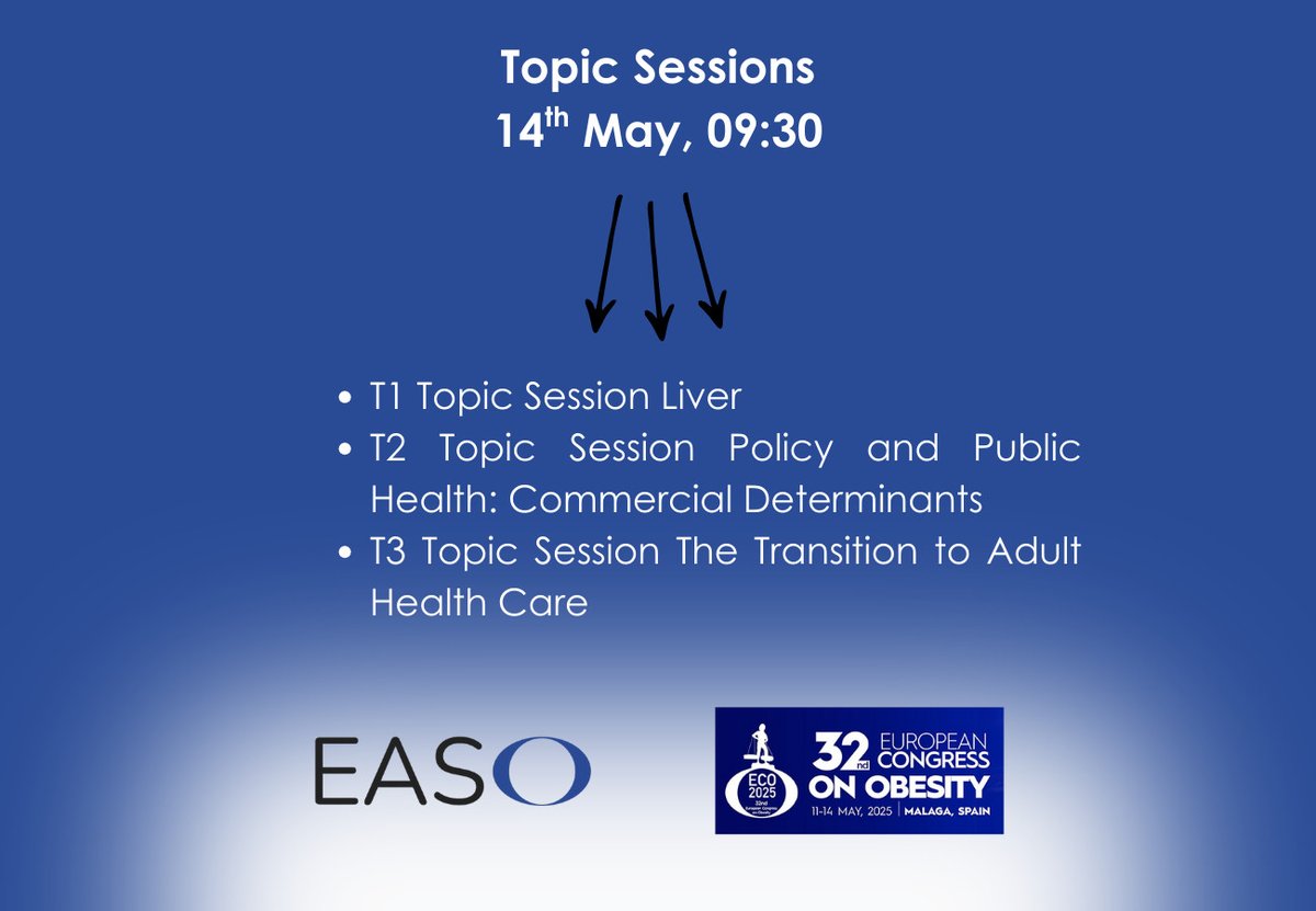 EASO (@easoobesity) on Twitter photo Which Topic Session will you join today at 09:30?
✔️ T1 Session: Liver
✔️ T2 Session: Policy and Public Health: Commercial Determinants
✔️ T3 Session: The Transition to Adult Health Care
<a href="/EmmaBoyland/">Prof. Emma Boyland</a> <a href="/farpourn/">Nathalie Farpour-Lambert</a> @EASOPresident #ECO2025 Which Topic Session will you join today at 09:30?
✔️ T1 Session: Liver
✔️ T2 Session: Policy and Public Health: Commercial Determinants
✔️ T3 Session: The Transition to Adult Health Care
<a href="/EmmaBoyland/">Prof. Emma Boyland</a> <a href="/farpourn/">Nathalie Farpour-Lambert</a> @EASOPresident #ECO2025