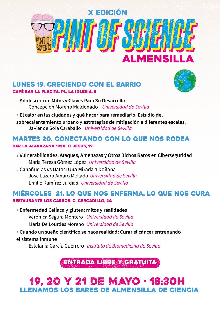 sranbrew's tweet photo. Vuelve Pint of Science a Almensilla!!

1️⃣9️⃣-2️⃣1️⃣ de mayo a partir de las 18:30

Hablaremos de la adolescencia, el sobrecalentamiento en las ciudades, ciberseguridad, Doñana, la celiaquía y nuevas terapias contra el cáncer

https://t.co/Jv6iy6wUON

#Pint25ES #Pint25AMS https://t.co/vXb3ZIcPoU
