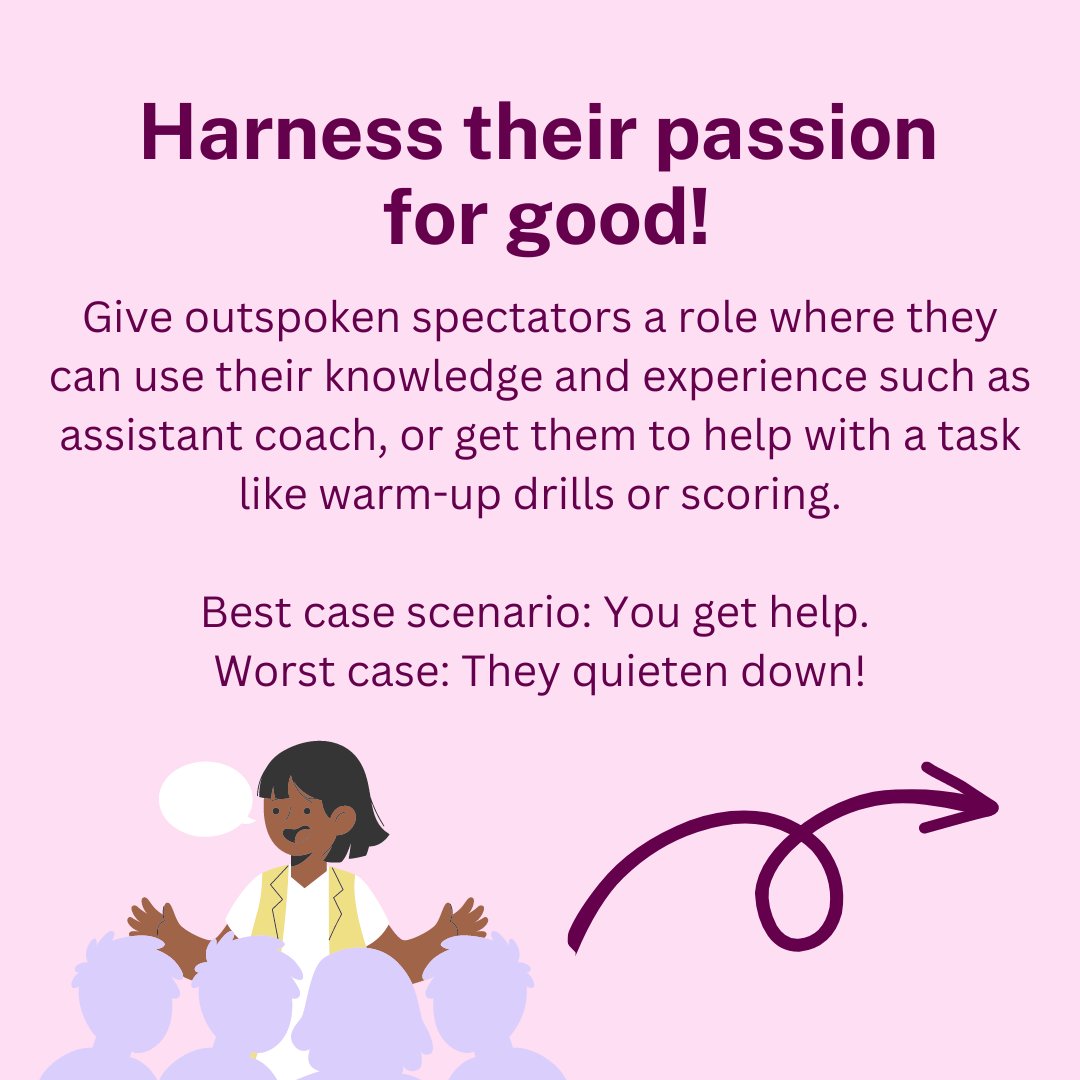 Today’s tip for dealing with difficult spectators is to harness their passion for good by getting them to help with a task or contribute to the club. #ShooshForKids