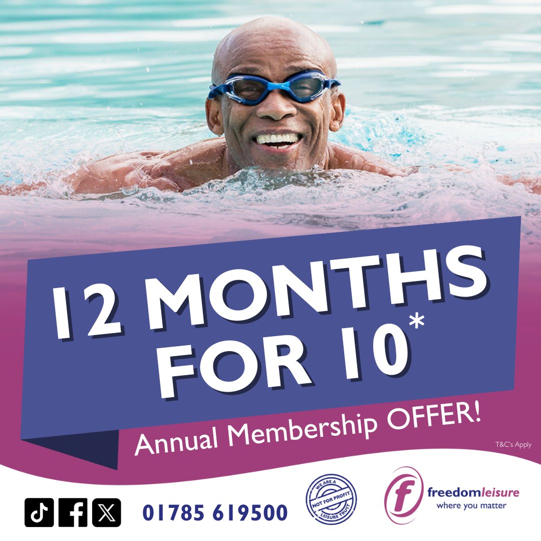 GET 12 MONTHS FOR THE PRICE OF 10 at Stafford Leisure Centre - To find out more on annual membership offers for gym, swim and exercise classes access click here - ow.ly/1ZNw50VP4m9