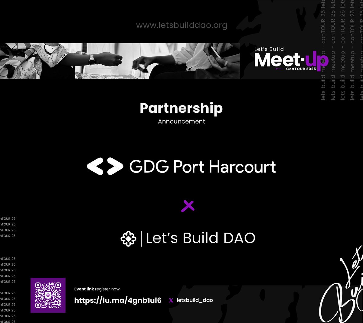 Let's Build DAO (@letsbuild_dao) on Twitter photo New partnership alert 📢
We are thrilled to announce our partnership with <a href="/GDGPortHarcourt/">GDG Port Harcourt</a>
Let’s Build DAO Meet-Up ConTOUR
2025
Date: May 24th
Venue: Moments Event Center, 20A Location Road, Off Ada George Rd., Mgbuoba, Port Harcourt.
📍 Uyo – May 31st New partnership alert 📢
We are thrilled to announce our partnership with <a href="/GDGPortHarcourt/">GDG Port Harcourt</a>
Let’s Build DAO Meet-Up ConTOUR
2025
Date: May 24th
Venue: Moments Event Center, 20A Location Road, Off Ada George Rd., Mgbuoba, Port Harcourt.
📍 Uyo – May 31st