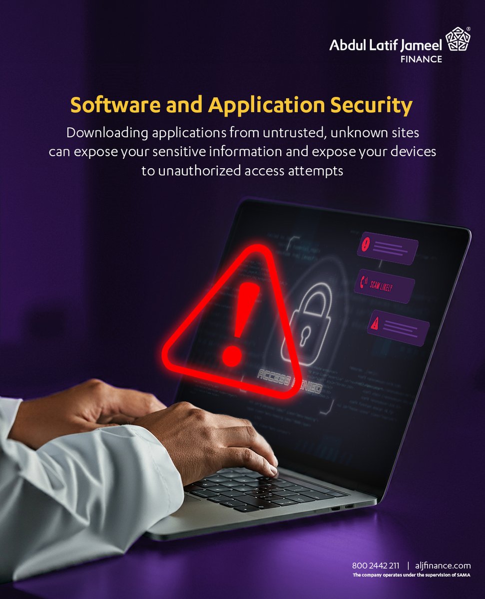 تحميل التطبيقات من المواقع غير الموثوقة ومجهولة المصدر يمكن أن يؤدي الى الكشف عن معلوماتك الحساسة وتعرض أجهزتك لمحاولات وصول غير مصرح به.

#خلك_حصيف
#عبداللطيف_جميل_للتمويل
#عبداللطيف_جميل_للتمويل_تمكن