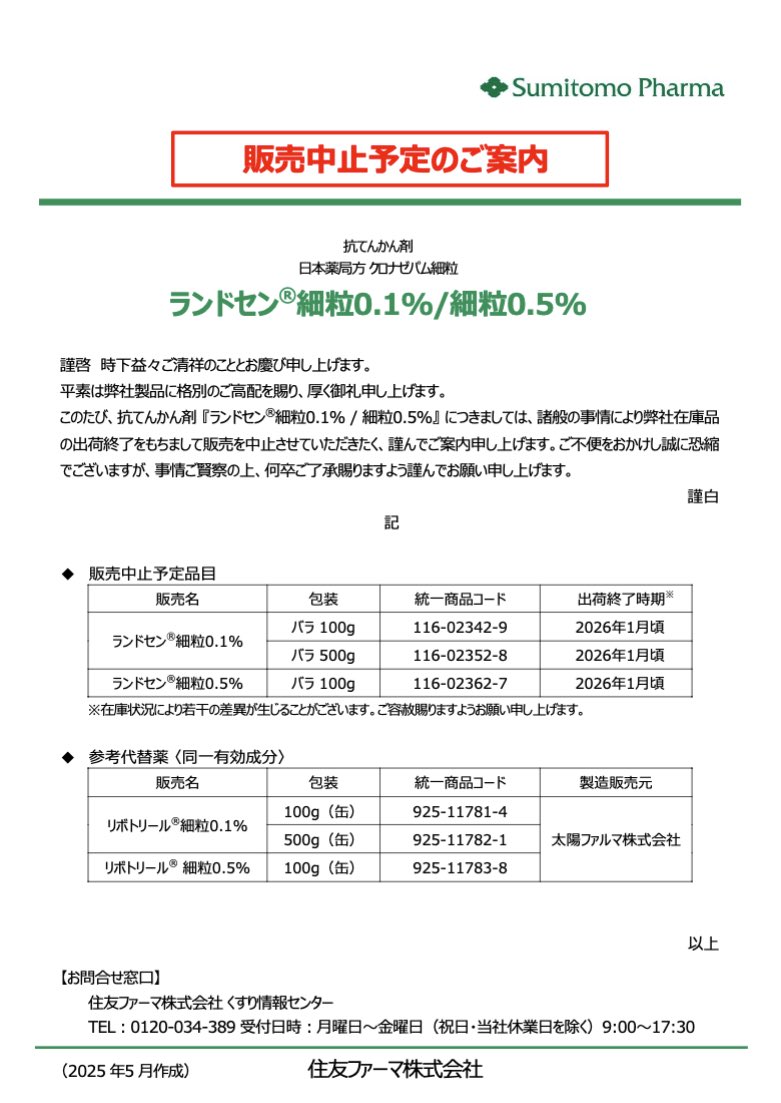 2025年5月14日 住友ファーマ ランドセン細粒0.1%/細粒0.5% 販売中止