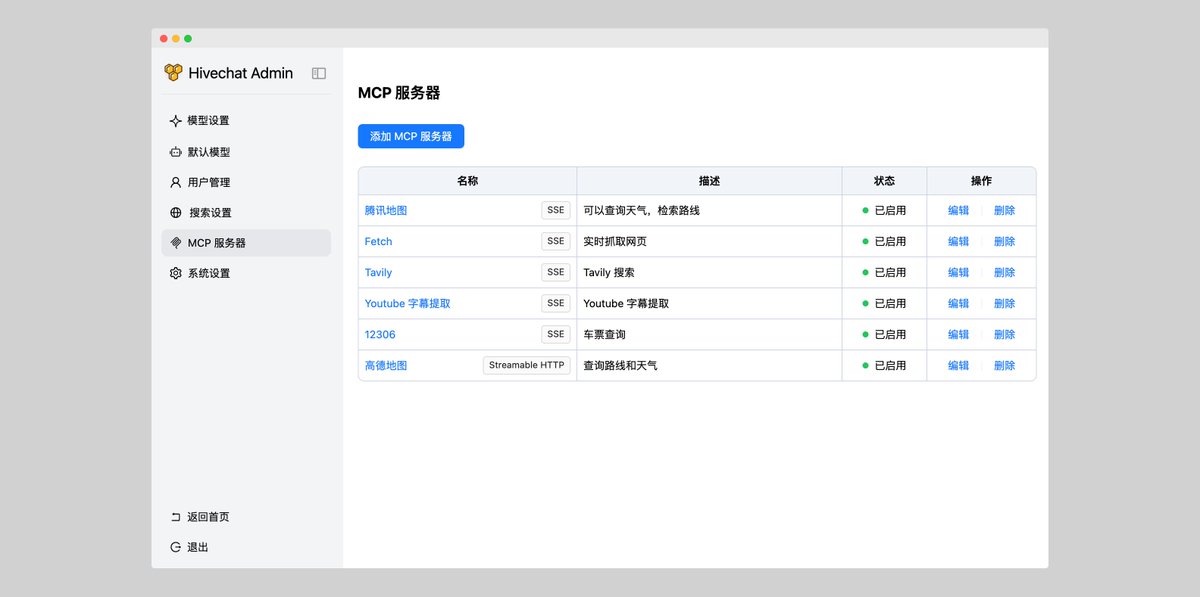 适合团队使用的 AI 聊天机器人 HiveChat，管理员一人配置，全员轻松使用。和上个版本相比，近期做了不少更新：
1. 新增支持了用户权限管理，可分组设置使用的模型和 Token 配额
2. 新支持了 MCP，管理员可以添加 SSE 和 Streamable HTTP 的 MCP  Server
3. 新支持了联网搜索
4.