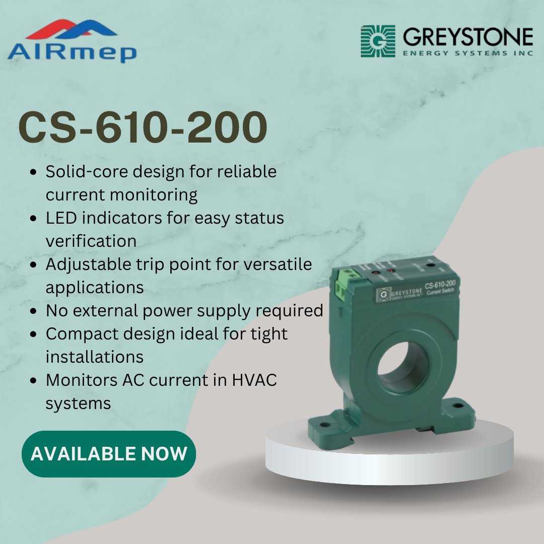 AirmepSalesCorp's tweet image. Keep your HVAC systems running efficiently with the CS-610-200 Current Switch!
✅ Solid-core design
✅ No external power needed
✅ Adjustable trip points
Compact. Reliable. Smart.
#HVAC #CurrentSensor #EnergyMonitoring #GreystoneEnergy #FacilityManagement