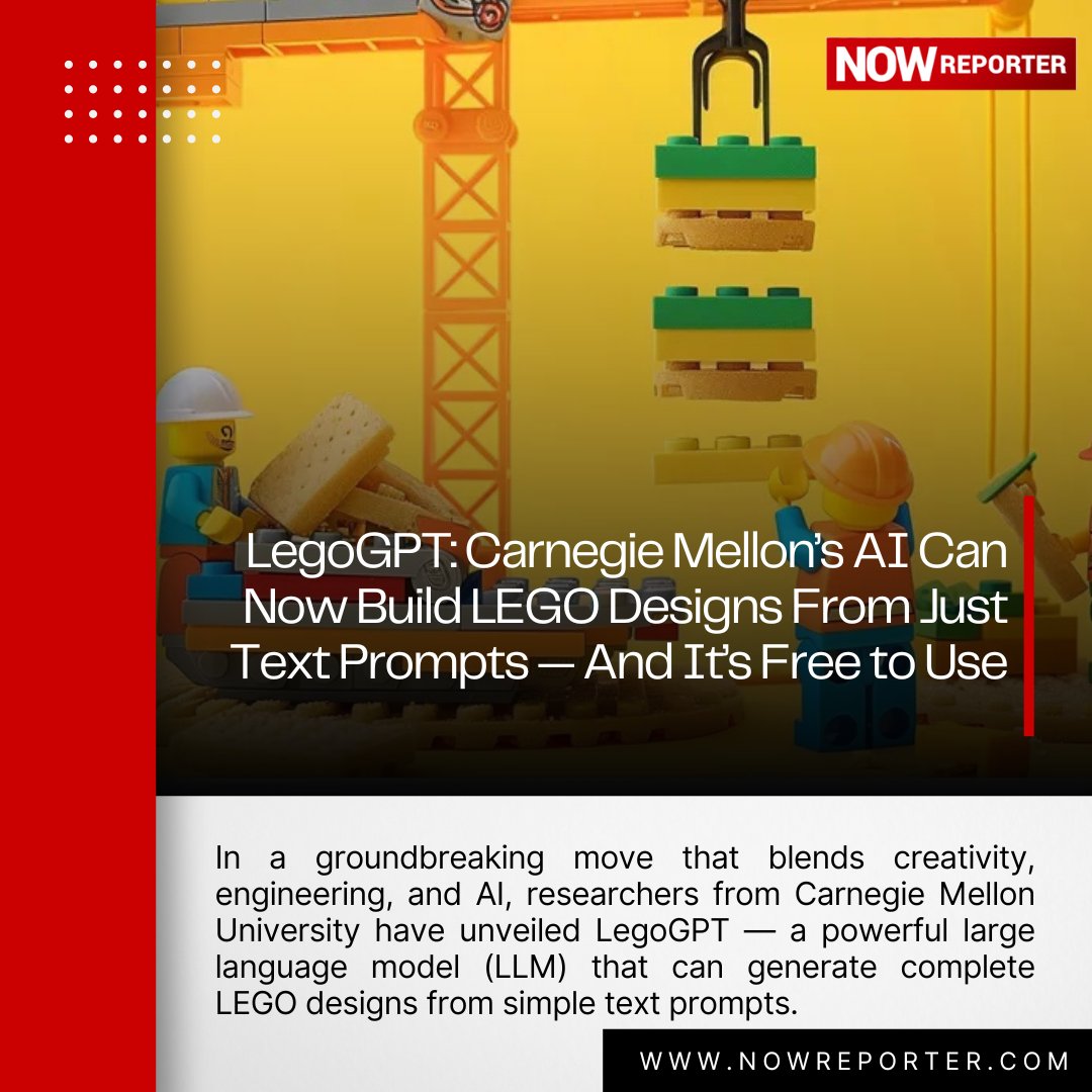 NowReporter_Guj's tweet image. 🚀 Build Your Imagination, Brick by Brick!
LegoGPT by Carnegie Mellon lets you turn simple text prompts into real, buildable LEGO designs — powered by AI and now free for all! 🧱
Read More - bit.ly/43aRHH9
#legogpt #aIxlego #texttodesign #carnegiemellon #opensourceai