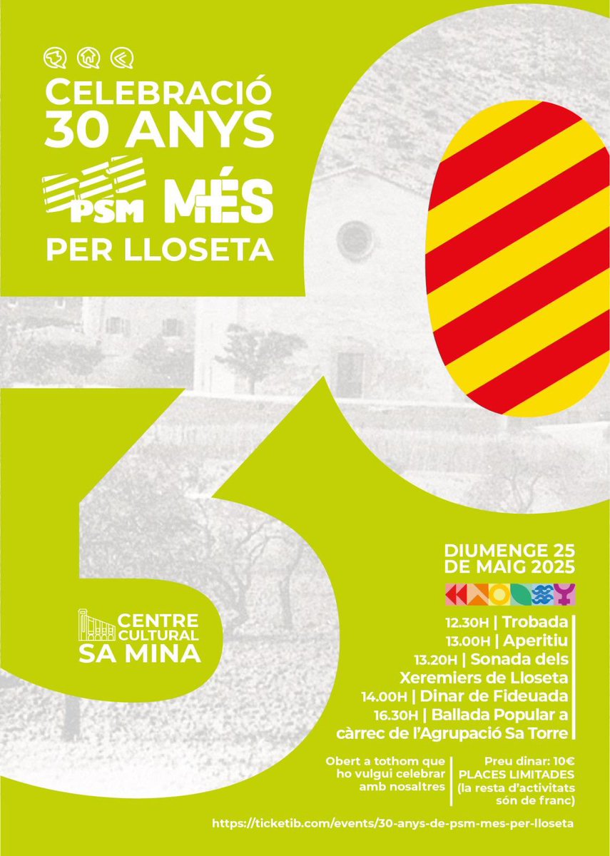 Diumenge 25 de maig celebram els 30 anys de PSM-MÉS per Lloseta i ens agradaria compartir aquesta celebració amb tothom que li faci ganes acompanyar-nos. Si vols venir a dinar compra el tiquet a l’enllaç 👇🏻, la resta d’actes són de franc. T’hi esperam!

ticketib.com/events/30-anys…