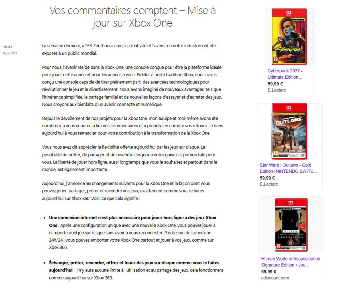RetroGameFutur1's tweet photo. Il y a 12 ans, Microsoft rétropédalait concernant les restrictions de la Xbox One. Il aura fallu quelques jours pour que le rejet massif des joueurs fasse plier le géant.
Les industriels tentent parfois des choses. Mais in fine, ce sont les consommateurs qui ont le dernier mot.
On est dans un autre cas avec les game-key cards sur #Switch2 . D'avoir de faux jeux physiques, ce n'est pas nouveau et on a régulièrement des cas sur PS5 Et Xbox Series X. 
Le souci c'est de rendre cet "anomalie", un standard.
Comme si les joueurs avaient quelque chose à gagner d'acheter des jeux physiques qui n'étaient pas de vrais jeux physiques.
On me souffle à l'oreille que certains disent "ça permet d'avoir des jeux moins cher" : 
Les "game-key cards" auraient un positionnement tarifaire préférentiel... Pourtant je trouve Cyberpunk 2077, qui est COMPLET à 59 €, Hitman et Star Wars Outlaws en game-key cards au même prix...
Et quand un @marvelouseurope , petit éditeur, sort ses jeux en cartouches complètes sur Switch 2, on comprend bien que tout est question de profit des industriels AVANT l'intérêt des joueurs.
Alors imaginez....
Imaginez si, en juin, les joueurs du monde entier rejetait les game-key cards. Imaginez la gueule des éditeurs 😱, avec des ventes catastrophiques de game-key cards.
Imaginez la NOUVELLE leçon que donnerait les joueurs consoles aux industriels 💪
12 ans plus tard, Microsoft pousse à fond vers le dématérialisé, oui, mais on peut jouer à sa Series X sans Internet. On peut toujours prêter et revendre nos jeux Xbox... Que ce serait il passé si les joueurs consoles s'étaient couchés il y a 12 ans ? Où en serait-on aujourd'hui ???

Ne laissez pas les game-key cards s'installer dans notre beau paysage vidéoludique de jeux physiques. NON aux #PhantomCartridges