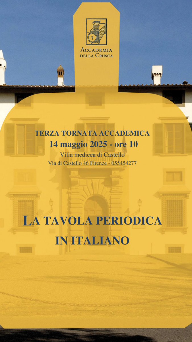 Società Chimica Italiana (@socchimita) on Twitter photo Oggi dalle 10 in diretta su:
youtube.com/live/nvL8K7ndI…
Ospiti dell'evento organizzato da <a href="/AccademiaCrusca/">Accademia della Crusca</a> il Presidente <a href="/GMFarinola/">Gianluca Farinola</a> che parlerà di come le formule chimiche trasformano la complessità in “ideogrammi” e Matteo Guidotti che illustrerà i poteri della Tavola Periodica. Oggi dalle 10 in diretta su:
youtube.com/live/nvL8K7ndI…
Ospiti dell'evento organizzato da <a href="/AccademiaCrusca/">Accademia della Crusca</a> il Presidente <a href="/GMFarinola/">Gianluca Farinola</a> che parlerà di come le formule chimiche trasformano la complessità in “ideogrammi” e Matteo Guidotti che illustrerà i poteri della Tavola Periodica.