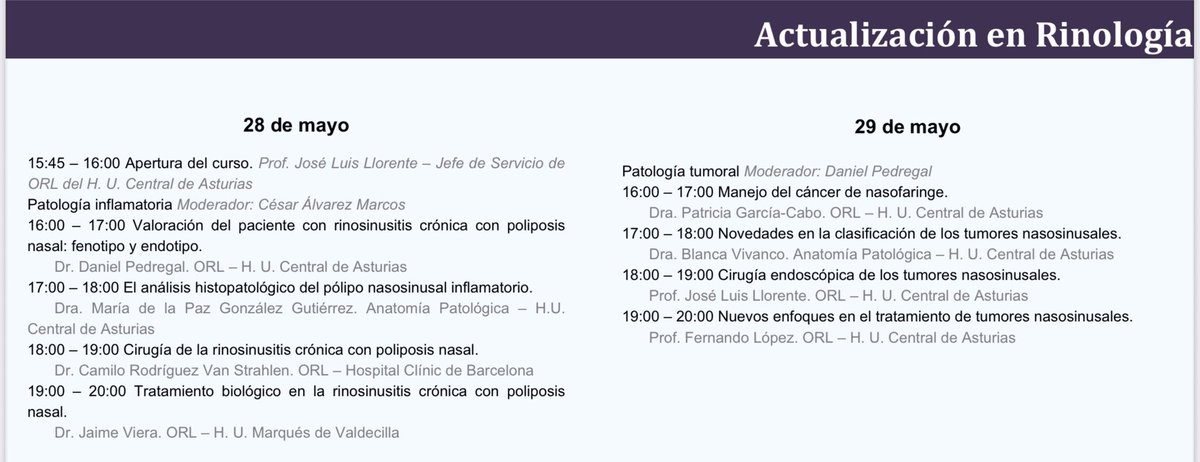 Dentro de 2 semanas tenemos en el <a href="/HUCA_Asturias/">@HUCA</a> un curso sobre rinología, centrado en patología inflamatoria y oncológica nasosinusal.
@ASIV_Asturias 

🗓️28 y 29 de mayo.

🏛️Área de docencia del HUCA (aula 2, N-1 S2-007).

📋 Inscripciones⬇️

hucaformacion.sespa.es