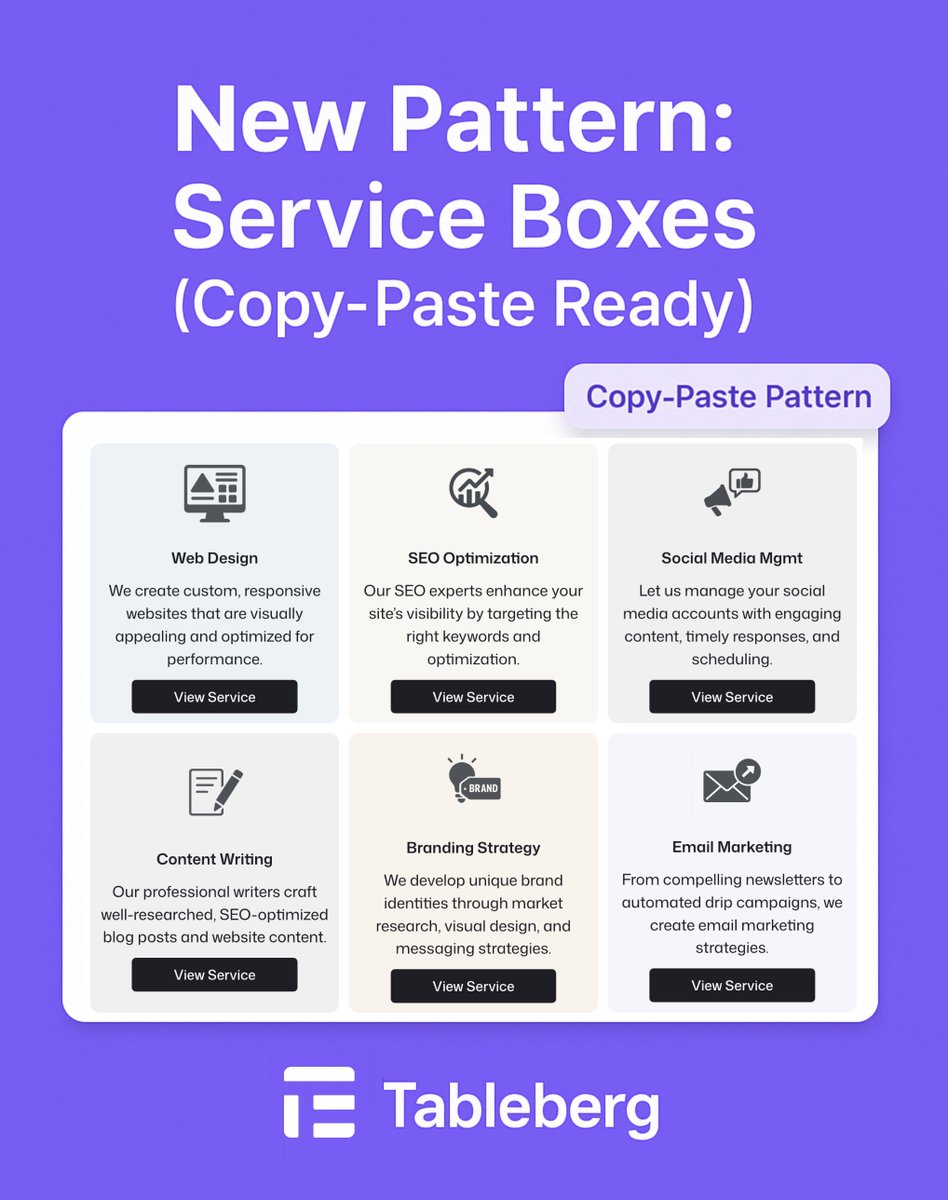🆕 New Pattern: Service Boxes
Clean, professional &amp; 100% copy-paste ready ⚡️
Perfect for showcasing services on any page.
👉 Try it now: tableberg.com/how-to-add-ser…

#WordPress #Gutenberg #Tableberg #WPTips