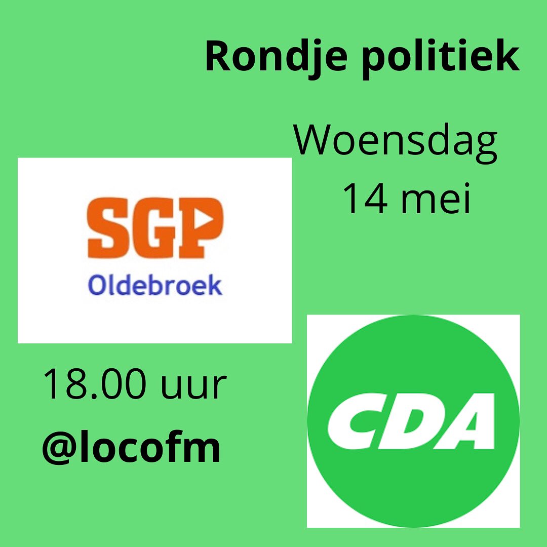Gilia (@gilia_vd) on Twitter photo Het is woensdag 14 mei, en dat betekent om 18.00 uur rondje politiek op <a href="/LocoFM/">LocoFM | Jouw Regioradio!</a>
De gasten zijn <a href="/SGPOldebroek/">SGP Oldebroek - Bouwen vanuit zorgvuldigheid</a> en <a href="/CDAOldebroek/">CDA Oldebroek</a>
Presentatie: <a href="/huubverberk1/">huub verberk</a> Het is woensdag 14 mei, en dat betekent om 18.00 uur rondje politiek op <a href="/LocoFM/">LocoFM | Jouw Regioradio!</a>
De gasten zijn <a href="/SGPOldebroek/">SGP Oldebroek - Bouwen vanuit zorgvuldigheid</a> en <a href="/CDAOldebroek/">CDA Oldebroek</a>
Presentatie: <a href="/huubverberk1/">huub verberk</a>