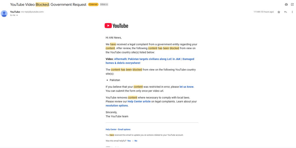 Pakistan govt has been sending multiple requests to YouTube for blocking ANI videos/ <a href="/smitaprakash/">Smita Prakash</a> podcast clips in their country (which were complied with). Today the <a href="/ANI/">ANI</a>  channel on YouTube stands blocked in their country.