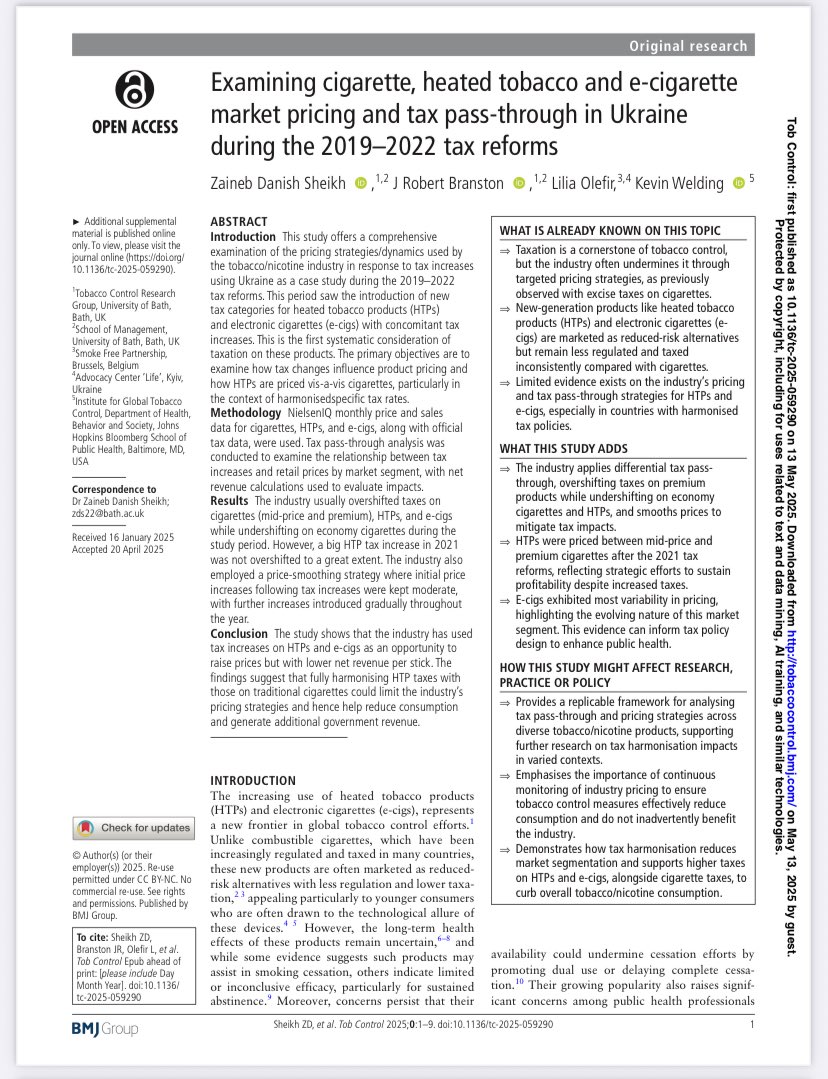 Dr Zaineb D Sheikh (@zainebdanish) on Twitter photo New paper out in <a href="/TC_BMJ/">Tobacco Control</a> with <a href="/JRBranston/">Rob Branston</a> <a href="/kevinmwelding/">Kevin Welding</a> <a href="/Lilia_Olefir/">Lilia Olefir 🇺🇦</a> <a href="/BathTR/">Tobacco Control Research Group</a> <a href="/UniofBath/">University of Bath</a>!
We examined how cigarette, @HTPs & e-cigarette prices evolved during Ukraine’s #TaxReform —crucial insights for #TaxPolicy.
doi.org/10.1136/tc-202…
#TobaccoControl #PublicHealth #Ukraine New paper out in <a href="/TC_BMJ/">Tobacco Control</a> with <a href="/JRBranston/">Rob Branston</a> <a href="/kevinmwelding/">Kevin Welding</a> <a href="/Lilia_Olefir/">Lilia Olefir 🇺🇦</a> <a href="/BathTR/">Tobacco Control Research Group</a> <a href="/UniofBath/">University of Bath</a>!
We examined how cigarette, @HTPs & e-cigarette prices evolved during Ukraine’s #TaxReform —crucial insights for #TaxPolicy.
doi.org/10.1136/tc-202…
#TobaccoControl #PublicHealth #Ukraine