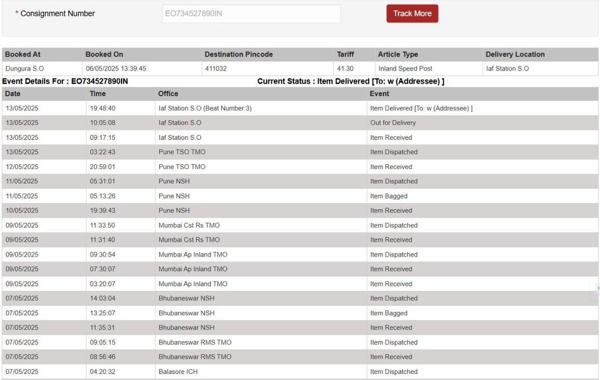 umeshprusty's tweet photo. @IndiaPostOffice Consignment EO734527890IN has not been delivered to the addressee, but the tracking says it has been delivered. I have not been contacted once. Kindly resolve this. https://t.co/bKGcB31VPt