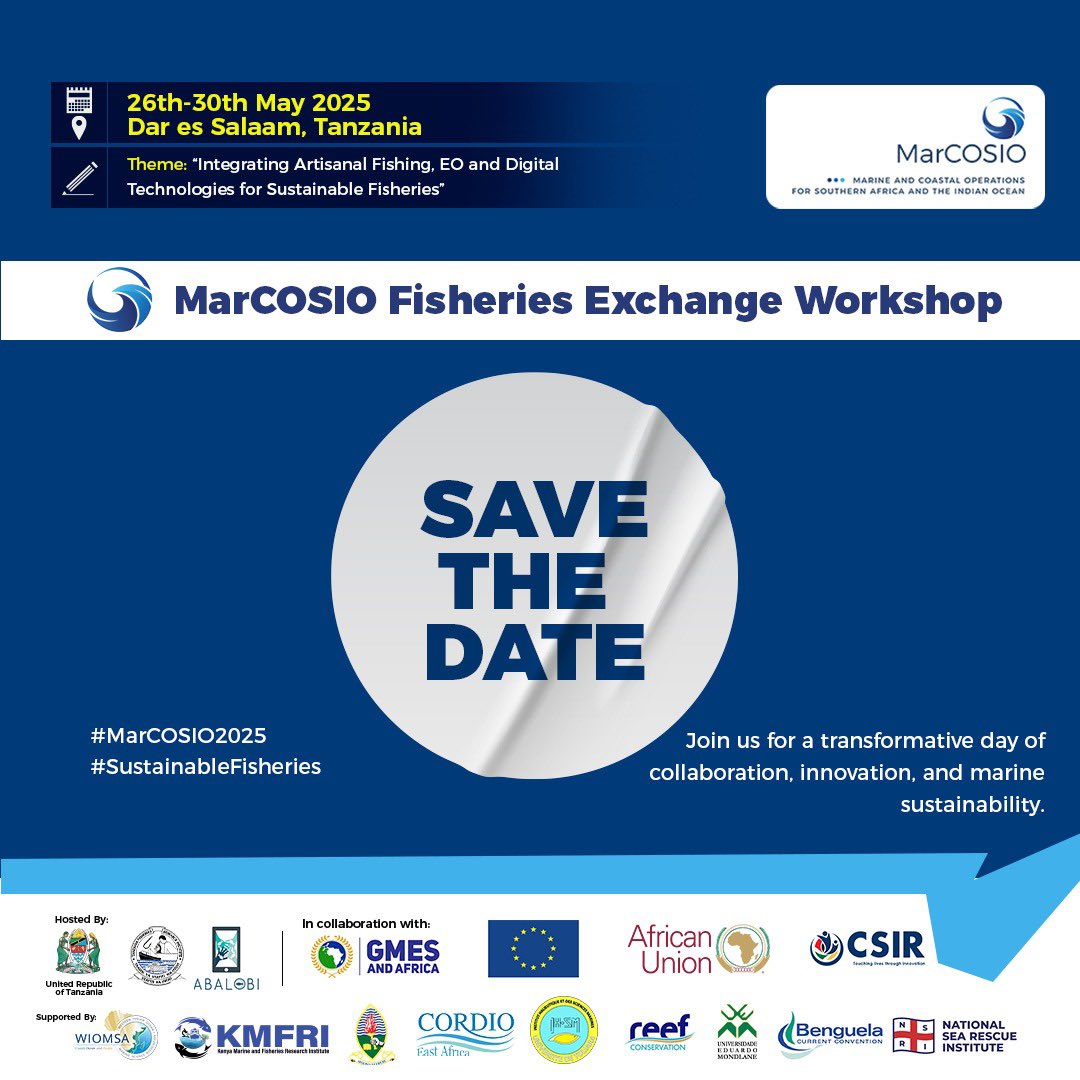 Save the Date!
MarCOSIO Fisheries Exchange Workshop
Theme: Integrating Artisanal Fishing, EO and Digital Technologies for Sustainable Fisheries
Join us as we unite to co-create the future of sustainable fisheries across Africa’s coastal communities.