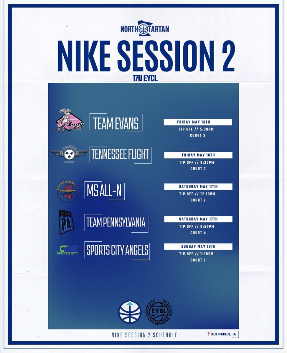 Kate Scharf (@kate_scharf8) on Twitter photo Headed to Des Moines this weekend for Session 2!
<a href="/nikegirlseycl/">Nike Girls EYBL Champions League</a>
<a href="/NorthTartan/">North Tartan</a> Headed to Des Moines this weekend for Session 2!
<a href="/nikegirlseycl/">Nike Girls EYBL Champions League</a>
<a href="/NorthTartan/">North Tartan</a>