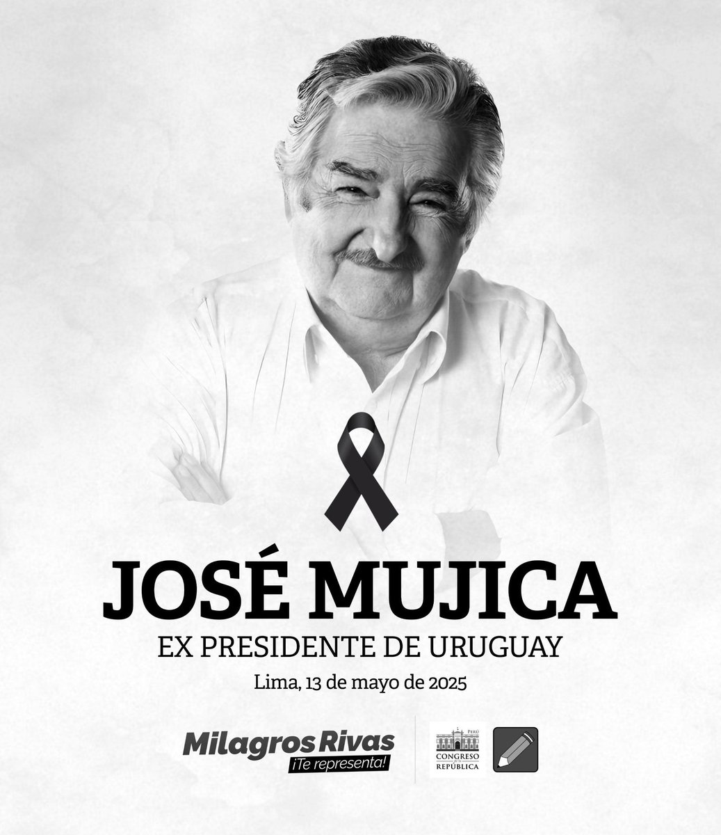 Desde mi despacho congresal, expresamos nuestras más sentidas condolencias al hermano pueblo de Uruguay por el fallecimiento del expresidente José "Pepe" Mujica. Líder de izquierda, símbolo de coherencia, humildad y justicia social en América Latina. 🇺🇾🕊️