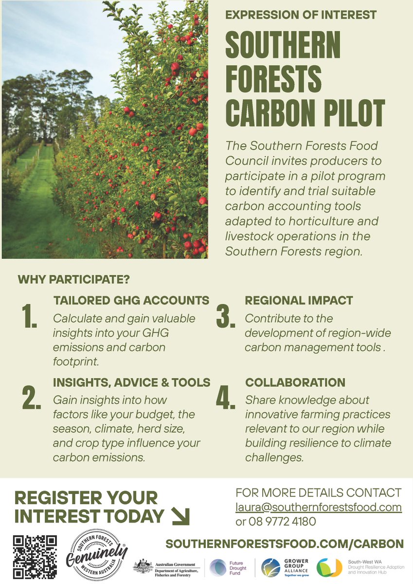 Grower Group Alliance (@gga_wa) on Twitter photo .<a href="/GenuinelySF/">Genuinely Southern Forests</a>, the Southern Forests Node of the #WADroughtHub, invites producers to join a free pilot that will help develop Greenhouse Gas Accounts and identify a suitable carbon calculator for the region.
Submit an EOI by 23 May ➡️ southernforestsfood.com/carbon
#FutureDroughtFund .<a href="/GenuinelySF/">Genuinely Southern Forests</a>, the Southern Forests Node of the #WADroughtHub, invites producers to join a free pilot that will help develop Greenhouse Gas Accounts and identify a suitable carbon calculator for the region.
Submit an EOI by 23 May ➡️ southernforestsfood.com/carbon
#FutureDroughtFund