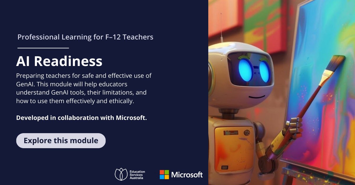 Exciting news! Australian teachers can now access a free online module for safe AI use in schools, with another coming soon. Developed by ESA and Microsoft, ‘AI Readiness – Preparing for Safe and Effective Use of GenAI’ is available now. Take a look: ow.ly/hMs850VRwKK