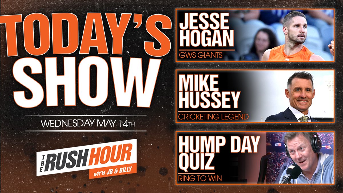 This afternoon on the Rush Hour:

🏈 Jesse Hogan <a href="/GWSGIANTS/">GWS GIANTS</a>
🏏 Mike Hussey
📞 Hump Day Quiz

+ Billy’s joke &amp; much more!