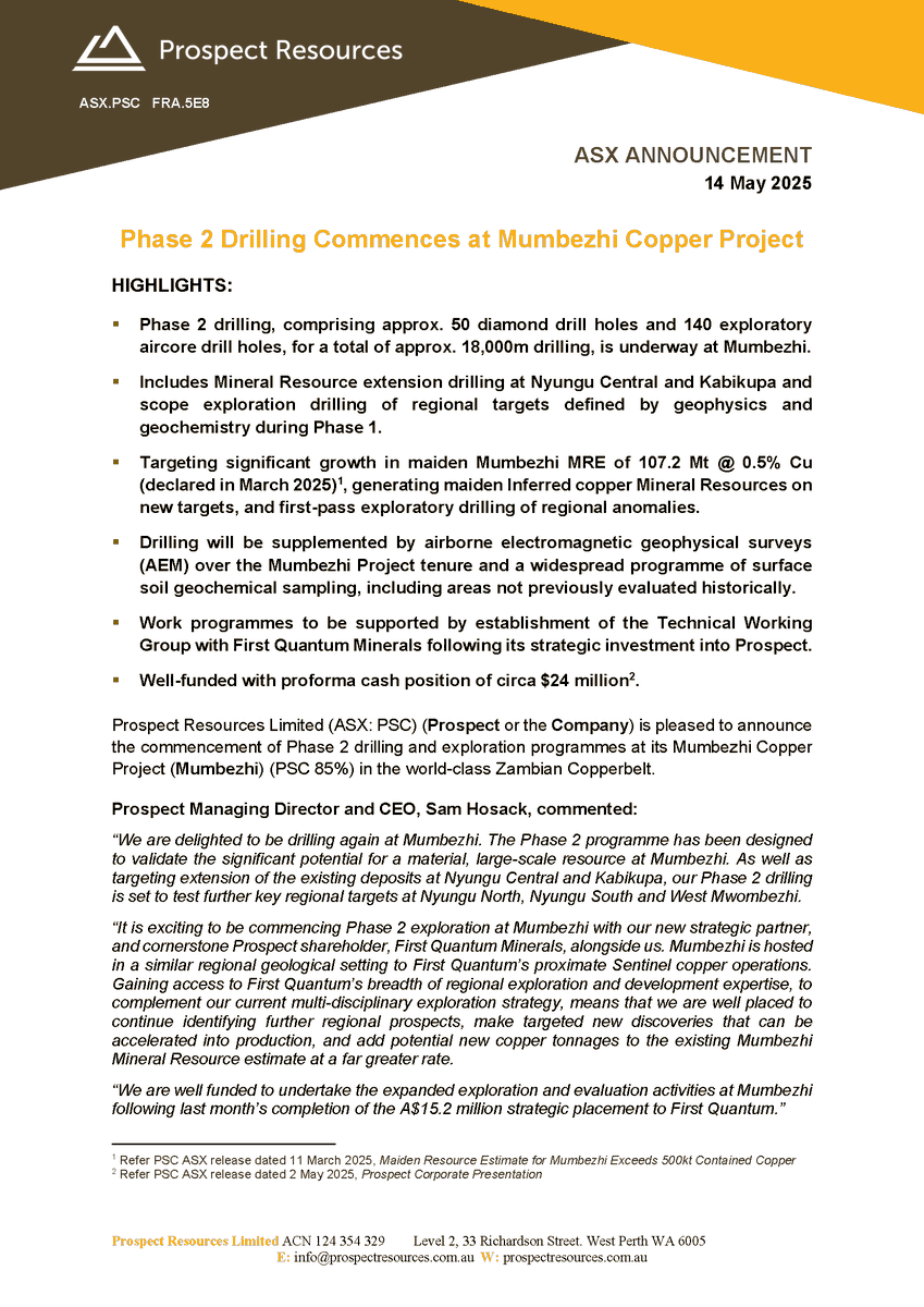 Prospect Resources Ltd (@prospectresltd) on Twitter photo Phase 2 drilling has commenced at our Mumbezhi Copper Project:
🔸18,000m drilling across key & regional targets
 🔸Backed by $24M pro-forma cash
 🔸In partnership with First Quantum Minerals
Targeting major resource growth in Zambia: bit.ly/4mfwg0h
$PSC $PSC.AX Phase 2 drilling has commenced at our Mumbezhi Copper Project:
🔸18,000m drilling across key & regional targets
 🔸Backed by $24M pro-forma cash
 🔸In partnership with First Quantum Minerals
Targeting major resource growth in Zambia: bit.ly/4mfwg0h
$PSC $PSC.AX