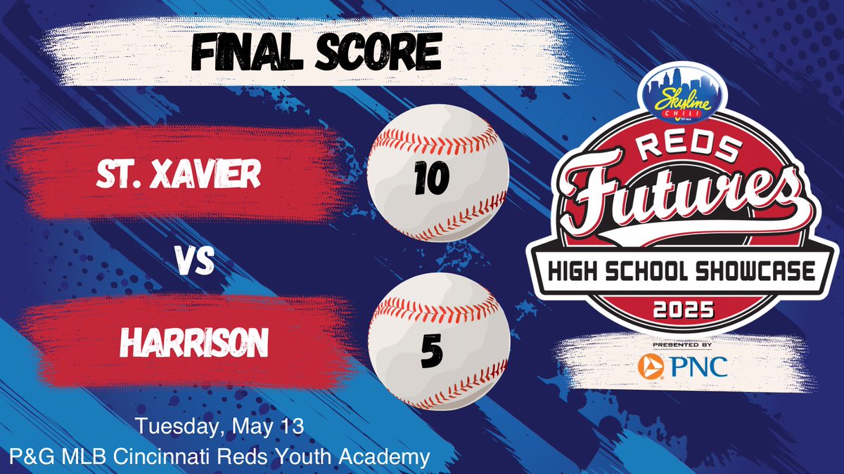 Final score in the final game of the 2025 <a href="/Skyline_Chili/">Skyline Chili</a> <a href="/Reds/">Cincinnati Reds</a> Futures High School Showcase presented by <a href="/PNCBank/">PNC Bank</a> game between <a href="/StXBall/">St. Xavier Baseball</a> and <a href="/Harrison_BSBL/">Coach Toerner</a>.