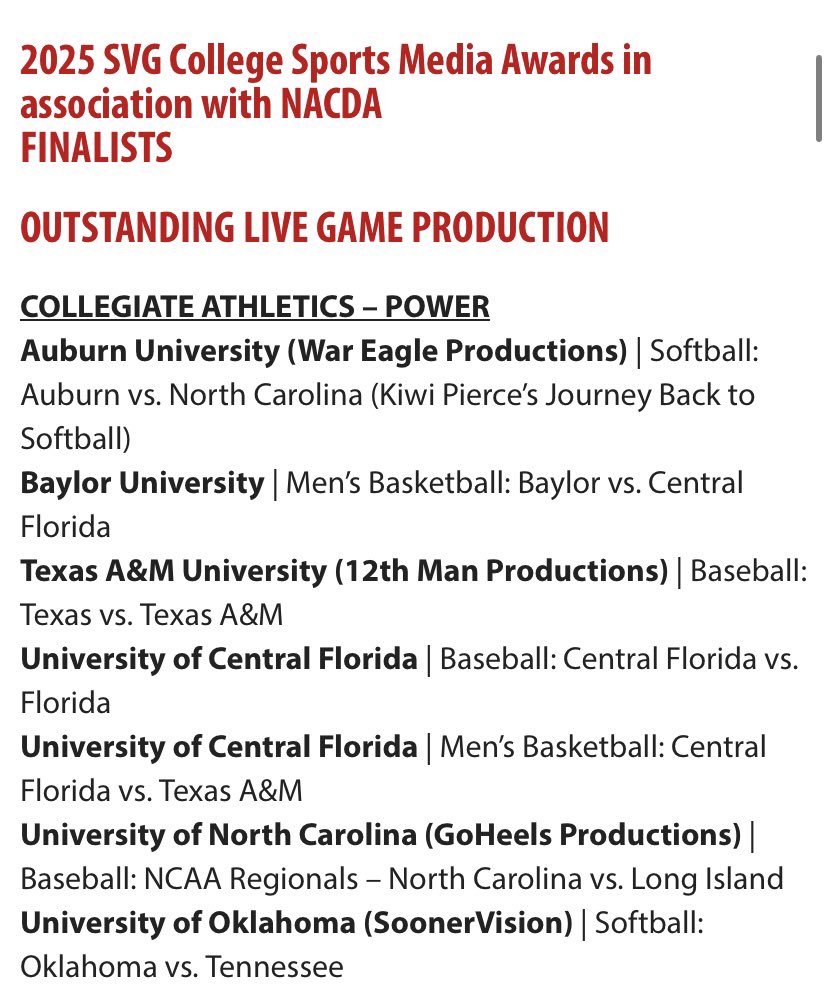 UCFProduction's tweet photo. Proud to announce we have been named finalists for Outstanding Live Game Production at the SVG College Sports Media Awards!

This is a true credit to the work our students and staff have done this year, and a step toward continuing to strive for greatness! https://t.co/Mp0EG9dPP1