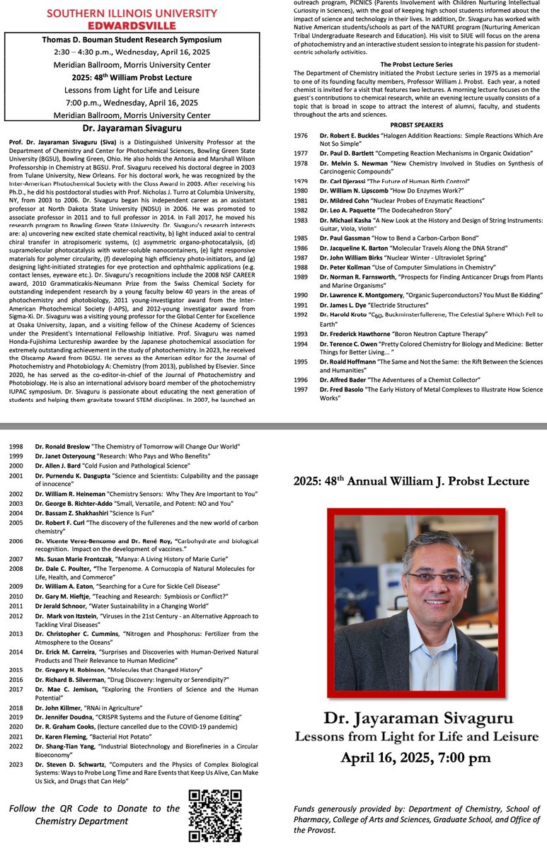 Sivaguru Lab (@sivagurulab) on Twitter photo It was a real privilege and honor to be named as the 2025 Probst Lecturer. To be placed amongst the pantheon of great researchers who were previous Probst Lecturers is a surreal feeling. Thanks for hosting <a href="/SIUE/">Southern Illinois University Edwardsville | SIUE</a>, <a href="/SIUE/">Southern Illinois University Edwardsville | SIUE</a> _CAS and <a href="/DebanjanaGhos17/">Debanjana Ghosh</a>. It was a real privilege and honor to be named as the 2025 Probst Lecturer. To be placed amongst the pantheon of great researchers who were previous Probst Lecturers is a surreal feeling. Thanks for hosting <a href="/SIUE/">Southern Illinois University Edwardsville | SIUE</a>, <a href="/SIUE/">Southern Illinois University Edwardsville | SIUE</a> _CAS and <a href="/DebanjanaGhos17/">Debanjana Ghosh</a>.