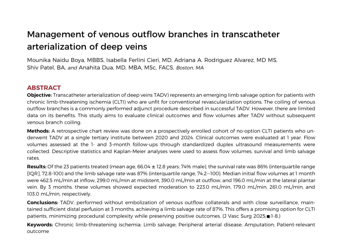 Mounika Boya (@mounikanaidu4) on Twitter photo Excited to share our latest work in <a href="/JVascSurg/">Journal of Vascular Surgery</a> !
In no-option #CLTI patients, TADV without venous branch coiling achieved 87% limb salvage at 1 year with maintained flow volumes, simplifying the procedure without compromising outcomes!
Full text: nam04.safelinks.protection.outlook.com/?url=https%3A%… Excited to share our latest work in <a href="/JVascSurg/">Journal of Vascular Surgery</a> !
In no-option #CLTI patients, TADV without venous branch coiling achieved 87% limb salvage at 1 year with maintained flow volumes, simplifying the procedure without compromising outcomes!
Full text: nam04.safelinks.protection.outlook.com/?url=https%3A%…